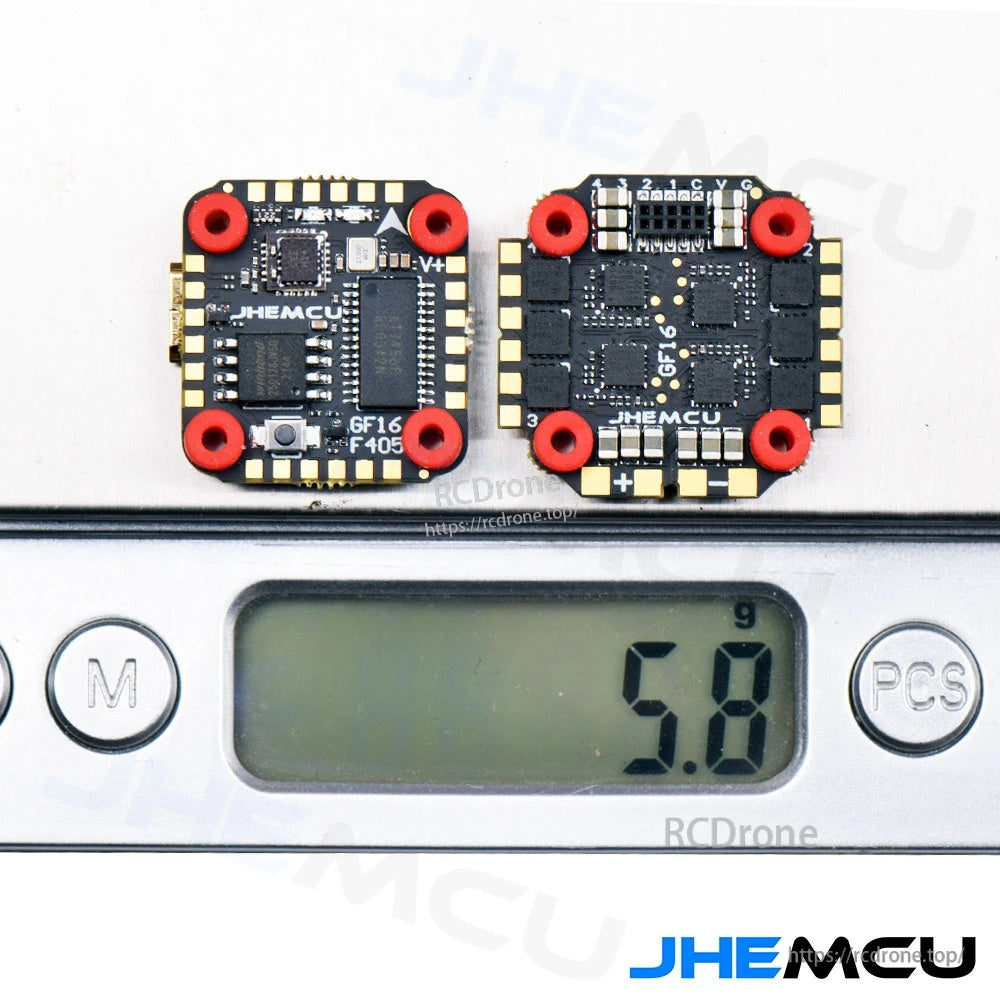 GF16 F405 flight controller and ESC on digital scale displaying 5.8 g total weight for both boards