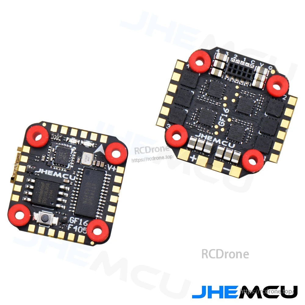 GF16 F405 flight controller and matching 13A ESC board side-by-side, component layout and connector visible