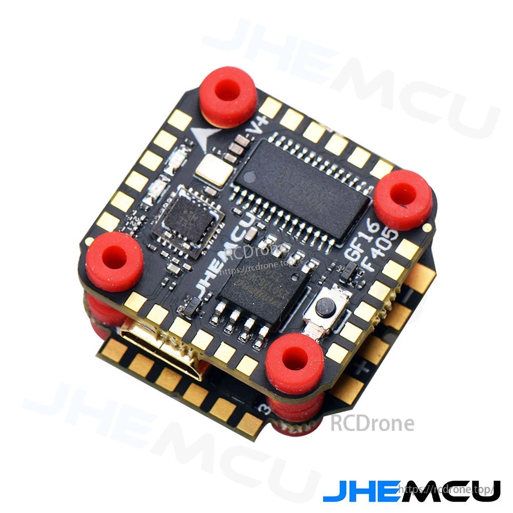 JHEMCU GF16 F405 flight controller and 13A ESC stack assembled with silicone grommet mounting