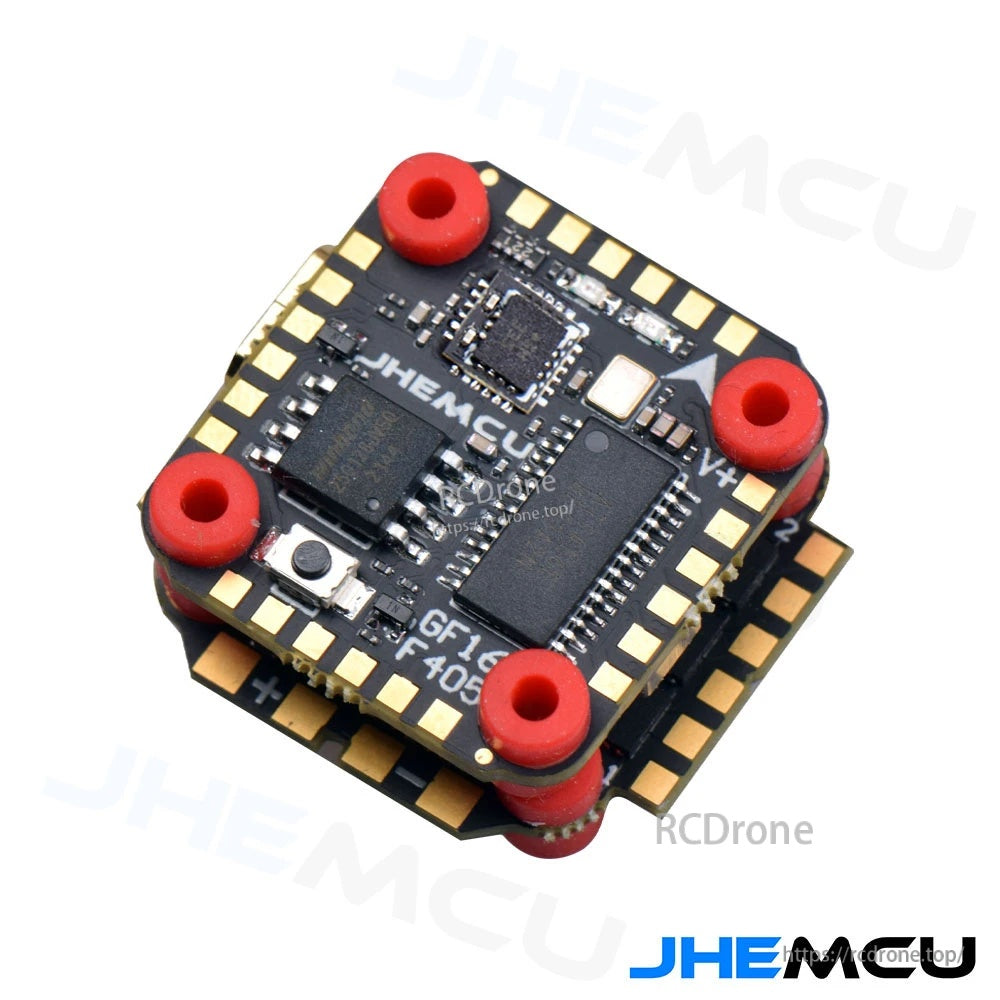 Angled top view of the GF16 F405 flight controller stack with labeled edge pads and mounting grommets