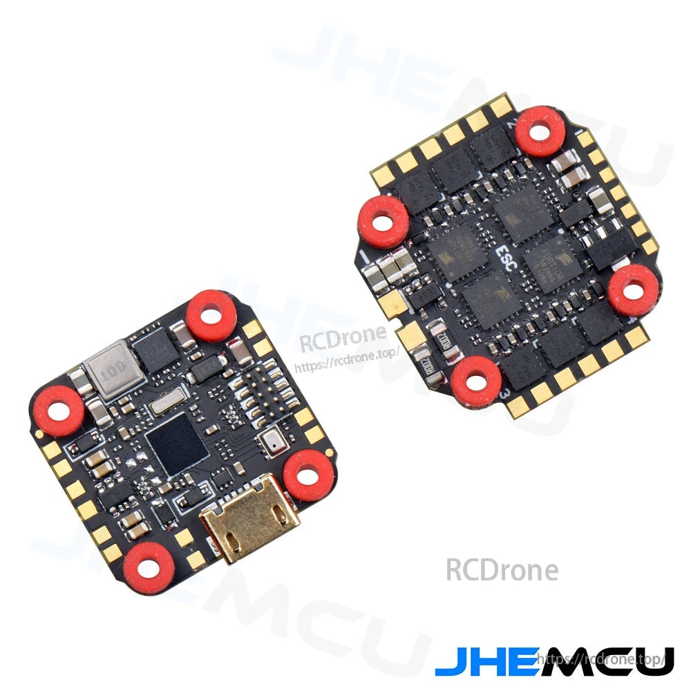 JHEMCU GF16-ESC 16×16 micro FPV 13A BLHeli-S ESC board, top and bottom views with gummies