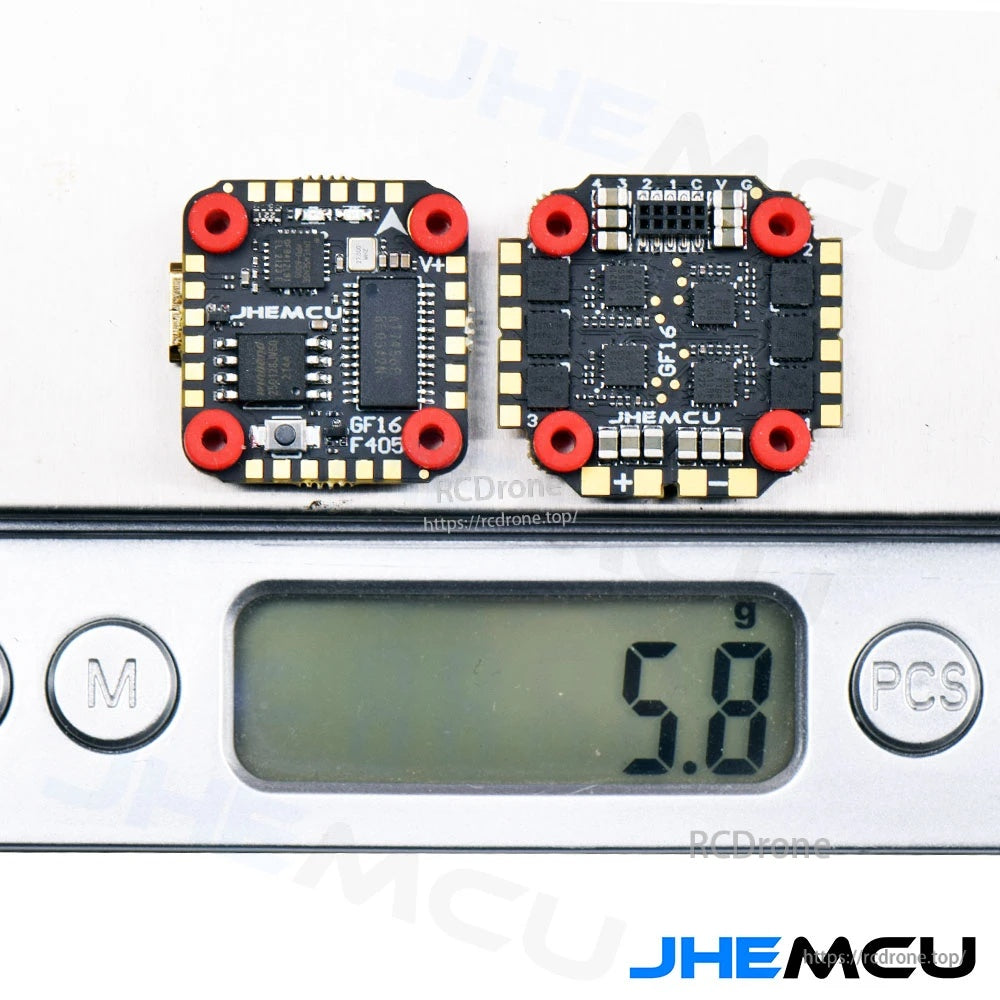 GF16 stack boards on a scale displaying 5.8 g total weight for the two PCBs