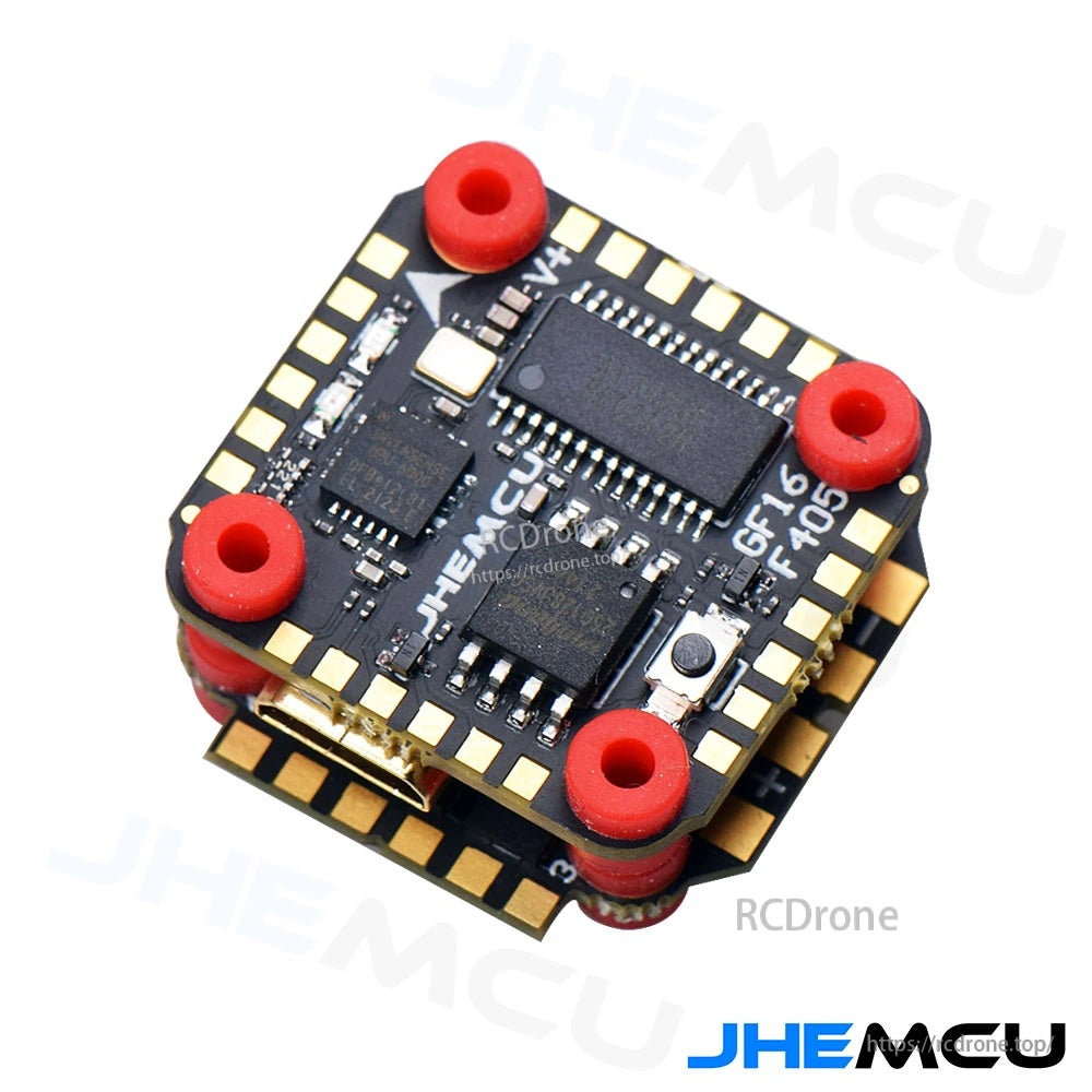 JHEMCU GF16 stack close-up, GF16 F405 board on top of the 16×16 ESC with solder pads around edge