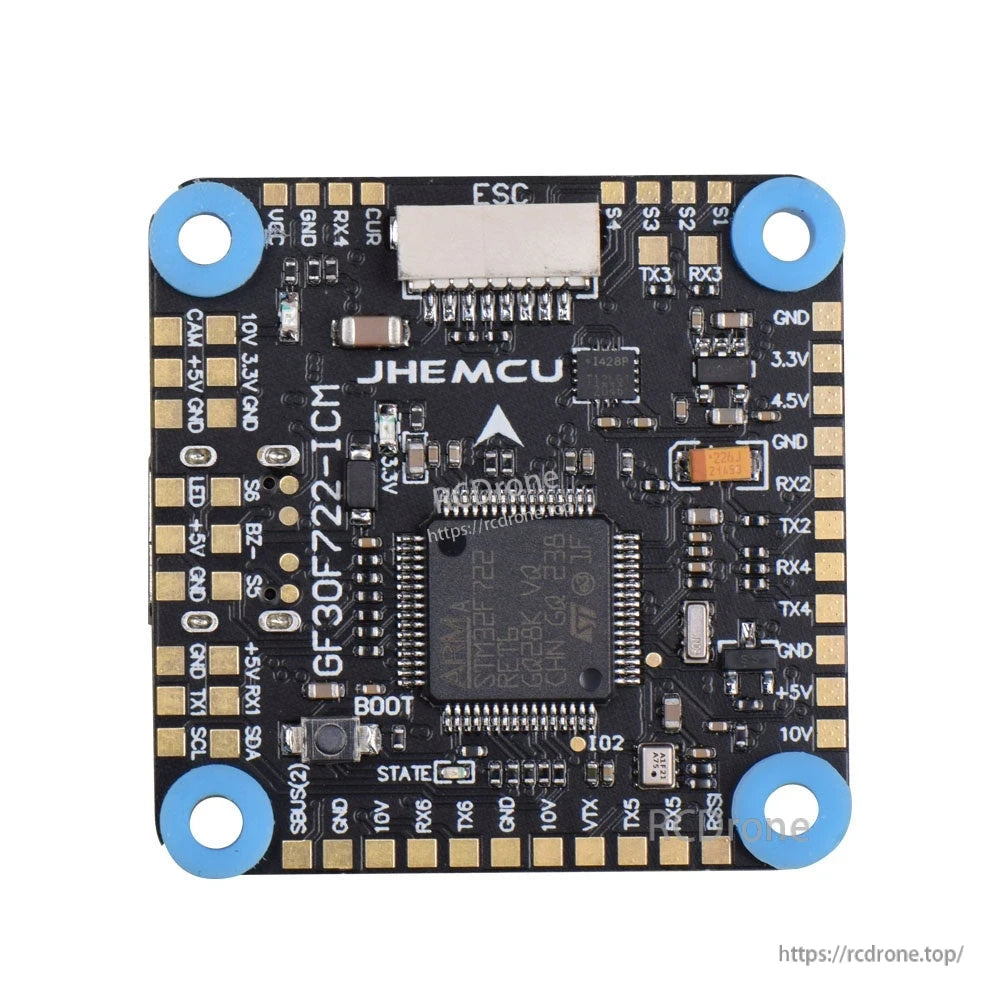 JHEMCU GF30F722-ICM F7 flight controller top-down view with labeled UART, GND, 5V and ESC connector
