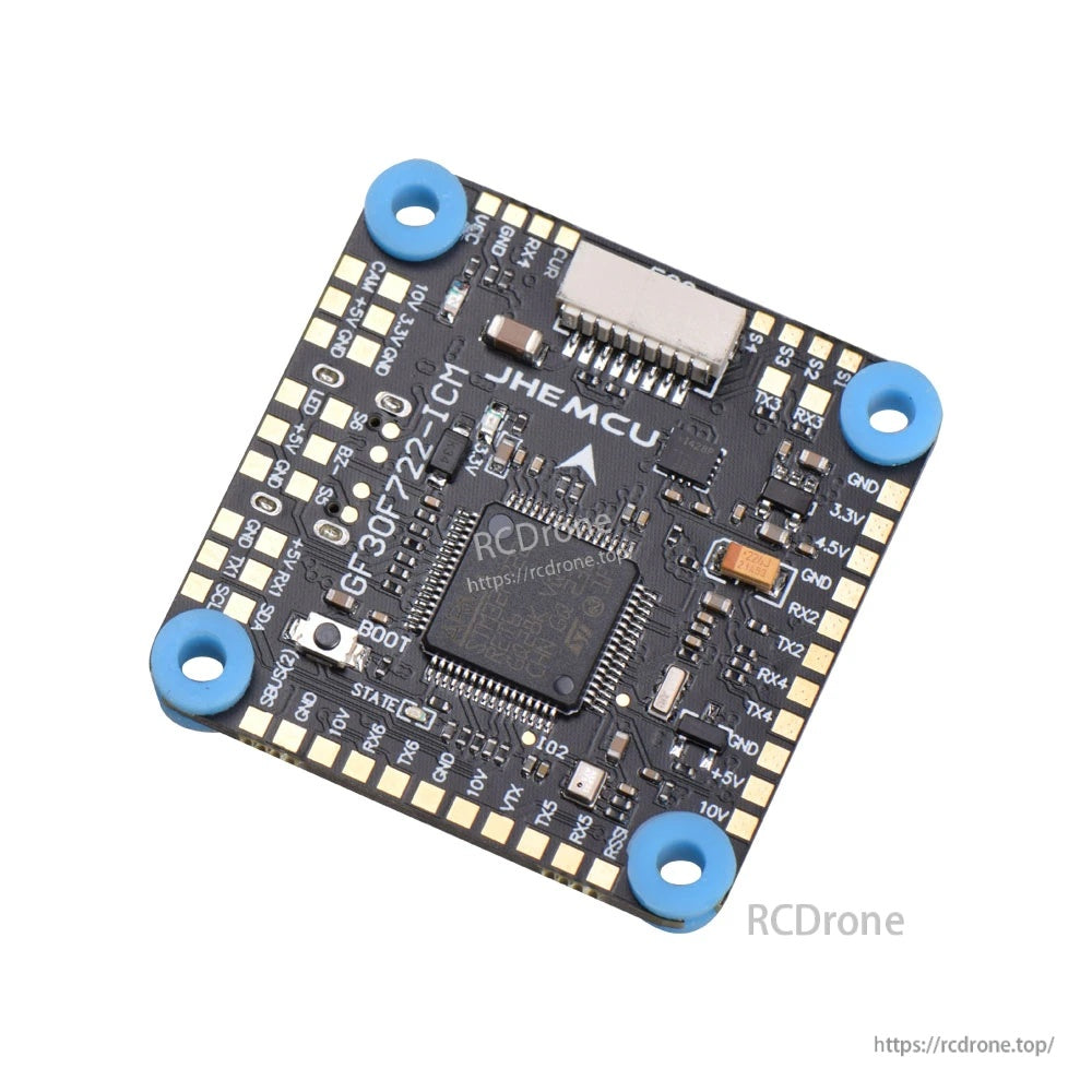 JHEMCU GF30F722-ICM F7 flight controller board, 30.5×30.5mm mounting, labeled solder pads