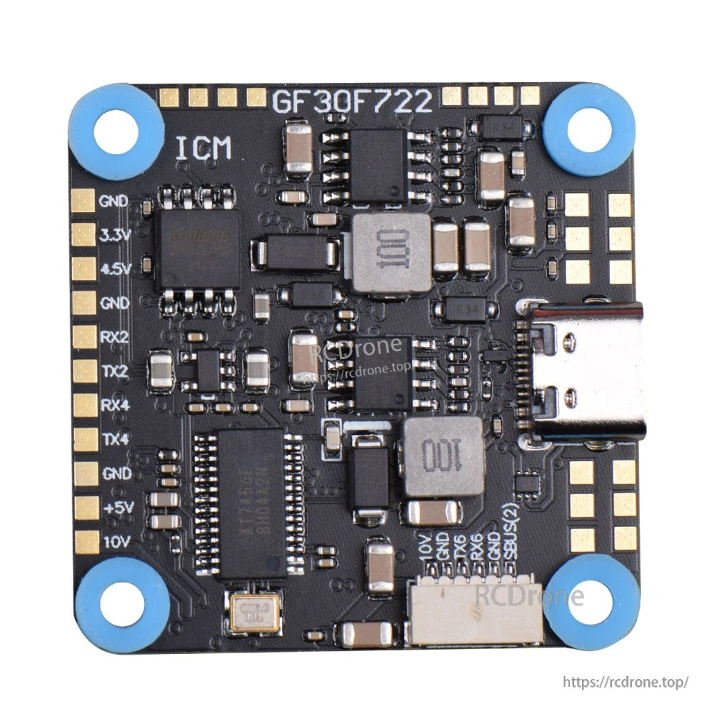 Close-up of Type‑C USB, 5V/10V pads, and UART pad labels on the GF30F722-ICM flight controller