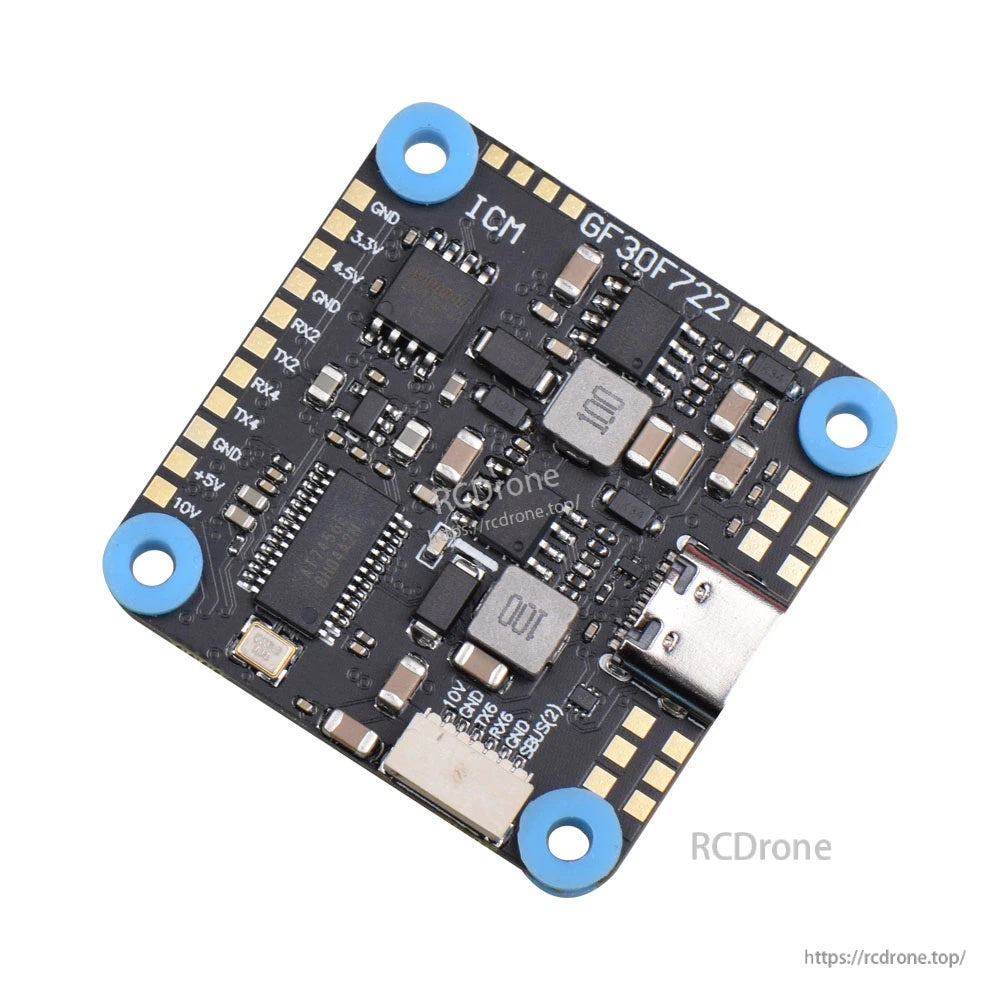 Component-side view with Type‑C USB port and onboard BEC circuitry on the GF30F722-ICM FC