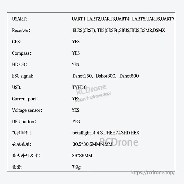 JHEMCU GF30H743 STM32H743 FPV flight controller support list: 7 UARTs, USB-C, DShot, GPS/compass, HD O3