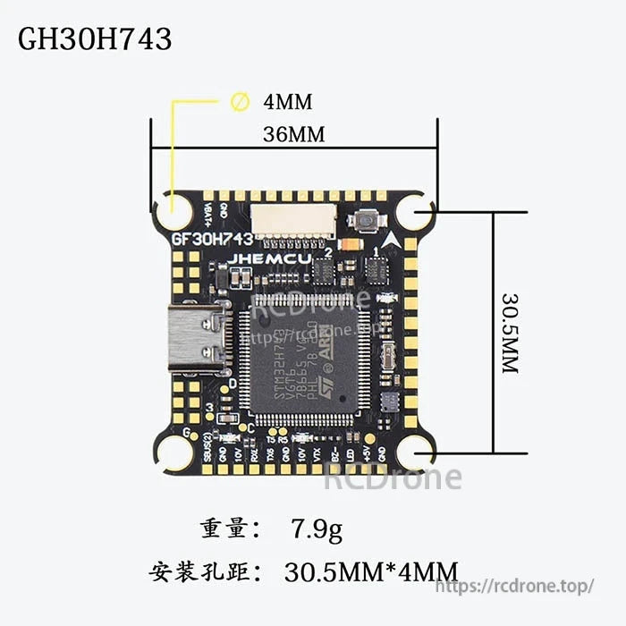 GF30H743 size diagram showing 36mm board width, 30.5mm mounting pattern, 4mm holes, 7.9g weight