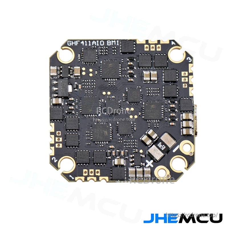 Bottom side of the GHF411AIO-BMI board with ESC MOSFET layout and 25.5x25.5mm mounting pattern