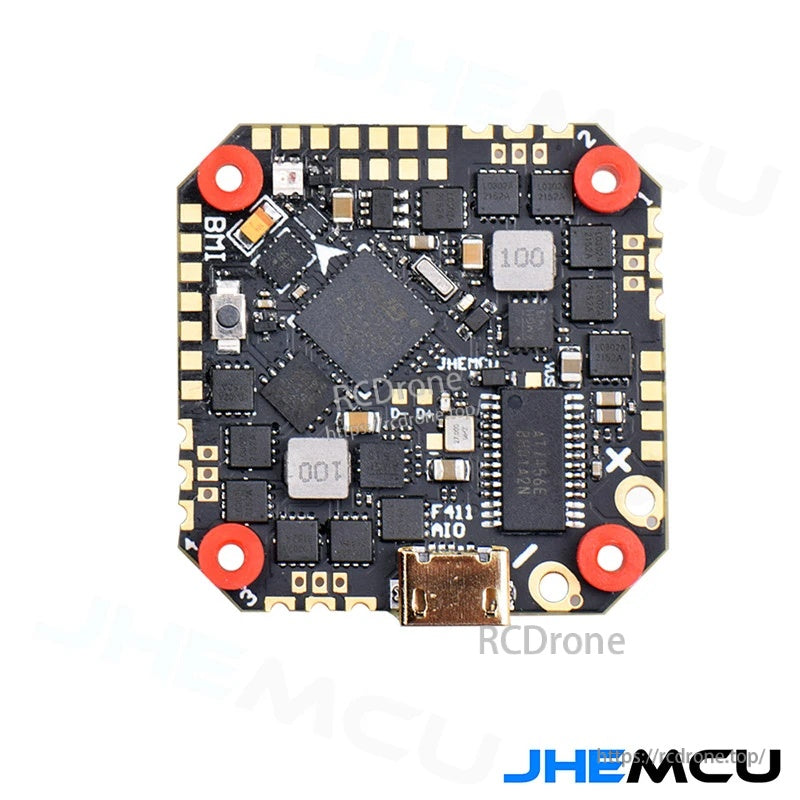 Top-down view of the GHF411AIO-ICM board highlighting solder pads, MCU area, and micro USB connector
