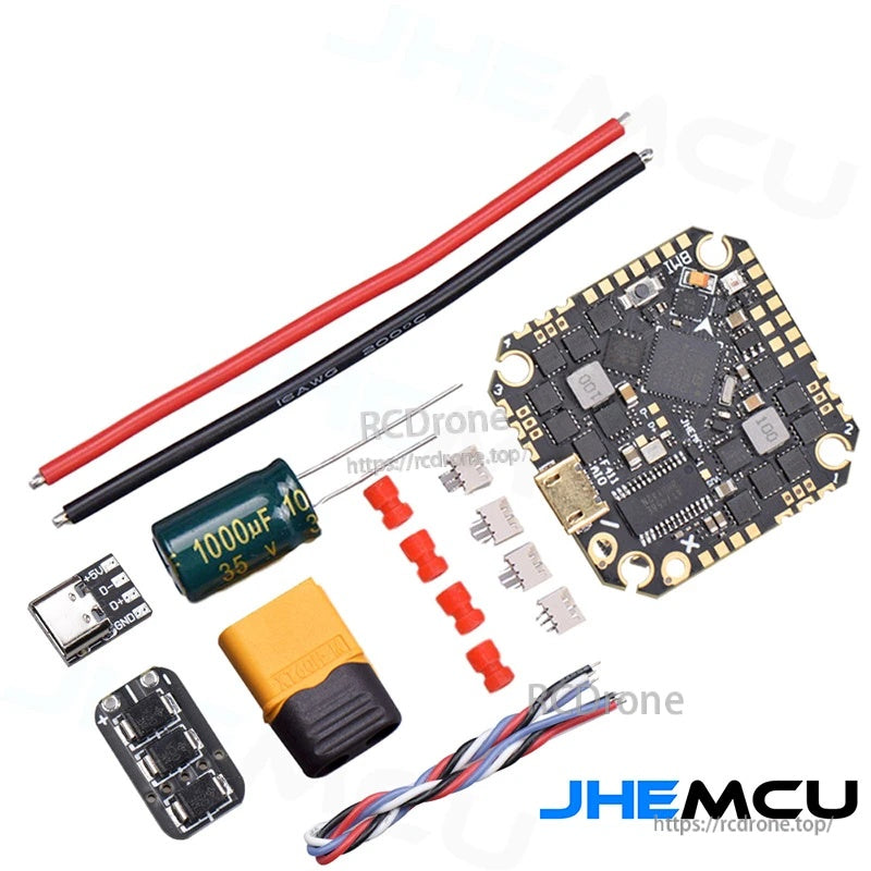 Package contents: flight controller, XT60 lead, 1000uF capacitor, Type-C adapter board, TVS board, and wires