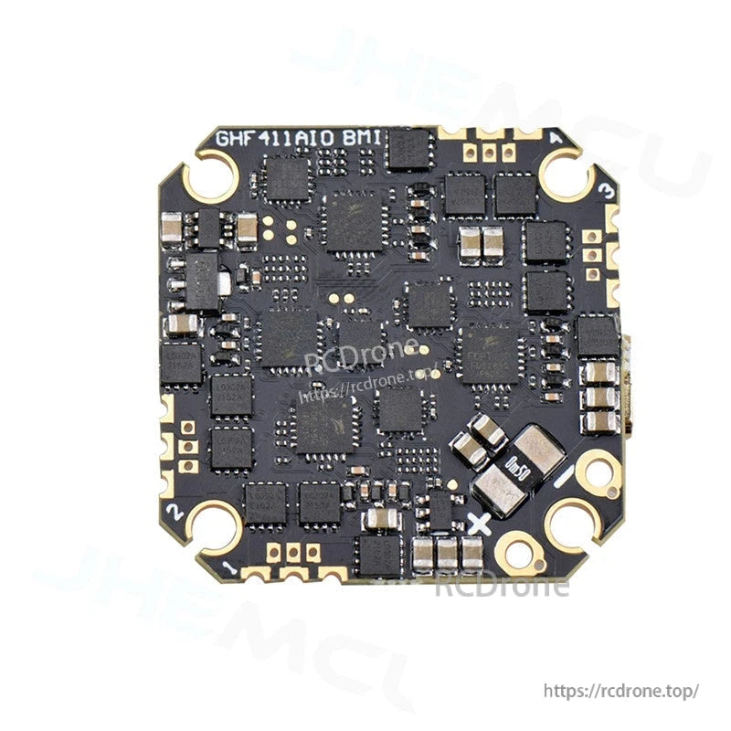 Bottom side of GHF411AIO flight controller PCB showing solder pads, vias, and corner mounting holes