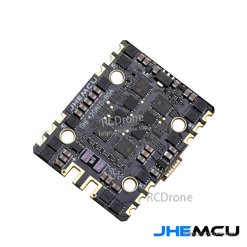 Underside of JHEMCU GHF420AIO-BGA AIO FC/ESC board with 20×20 mounting pattern and solder pads
