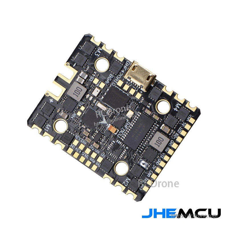 JHEMCU GHF420AIO-BGA F405 AIO flight controller angled view highlighting components and motor pad layout
