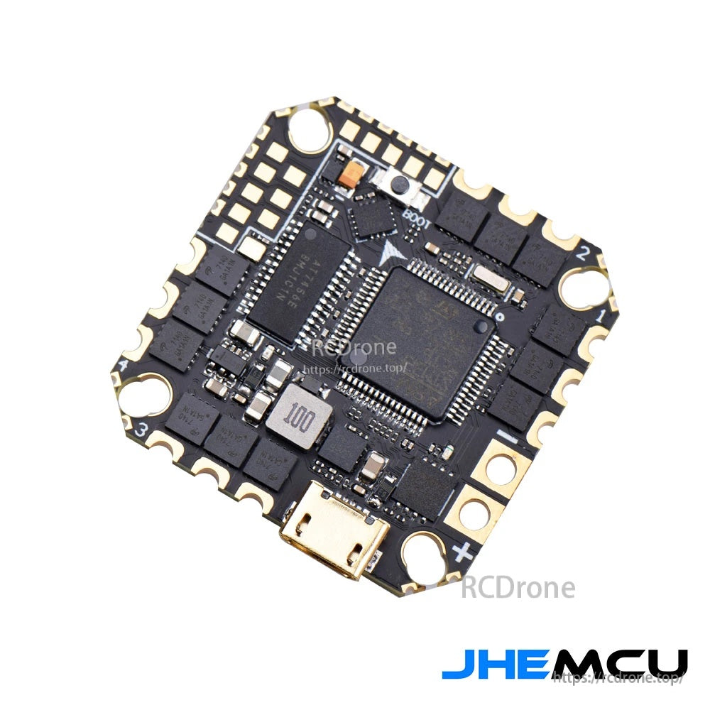 JHEMCU GHF722AIO-ICM AIO flight controller top view with integrated 40A ESC and Micro USB port