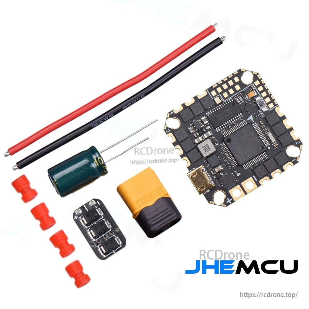 What’s included with the GHF722AIO-ICM: flight controller, XT60 pigtail, TVS board, capacitor, wires and hardware