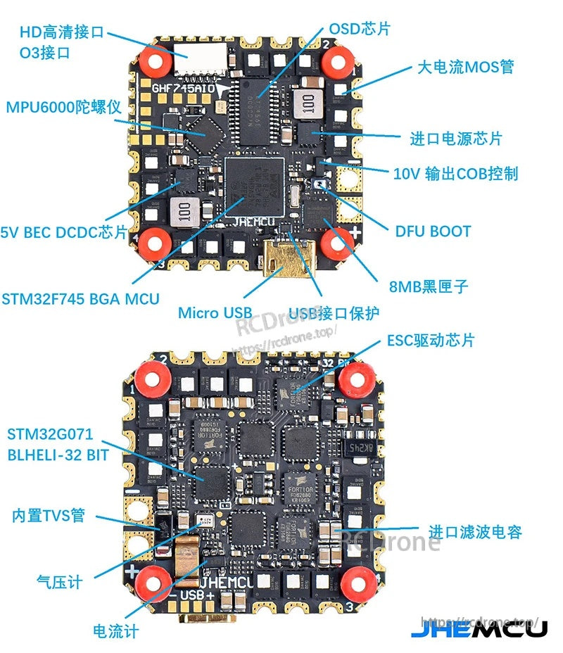 GHF745AIO labeled layout showing OSD, MPU6000 gyro, Micro USB, DFU boot, 5V BEC, 10V output, and ESC MCU