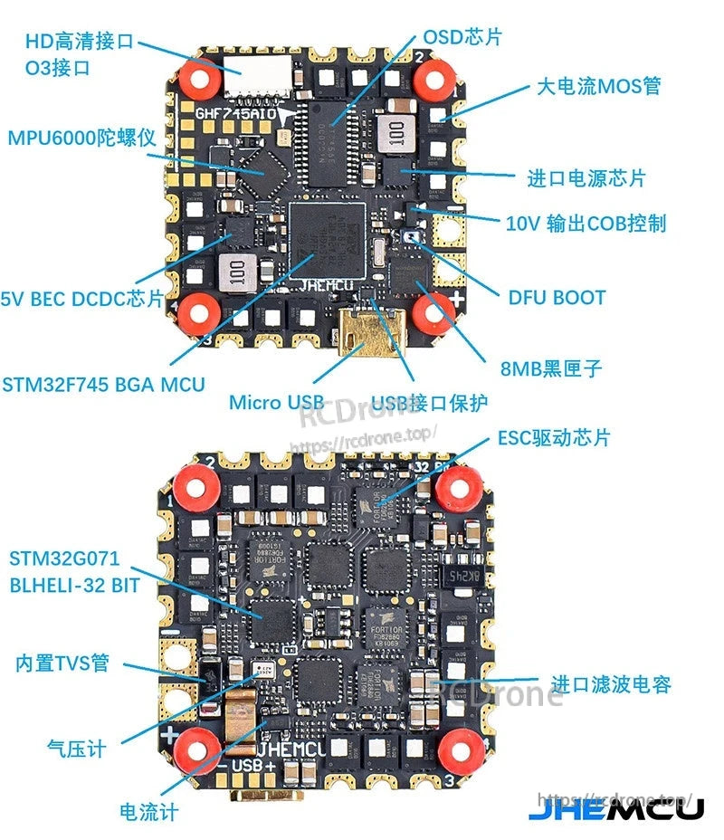 JHEMCU GHF745AIO-50A F745 AIO flight controller annotated diagram showing key chips, OSD, MPU6000, USB pads