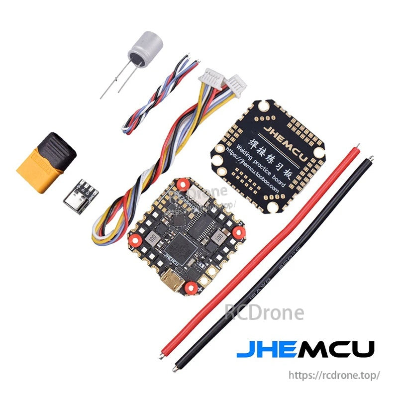 Package contents: GHF745AIO board, capacitor, wiring harnesses, XT60 lead, power wires, and JHEMCU practice solder board