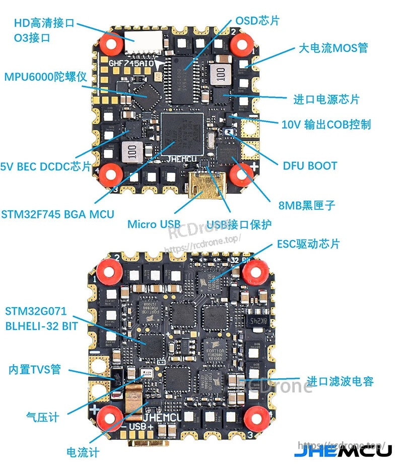 JHEMCU GHF745AIO-50A F745 AIO flight controller component map with OSD, 8MB blackbox, USB and ESC chips labeled