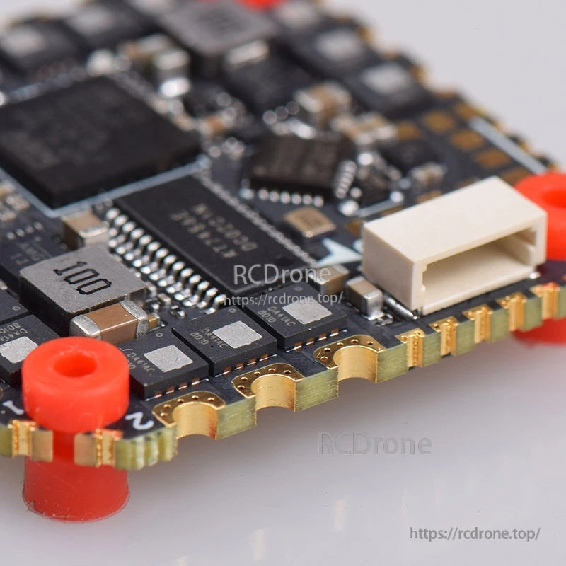 Close-up of JST plug connector and onboard components on the GHF745AIO board for peripheral wiring