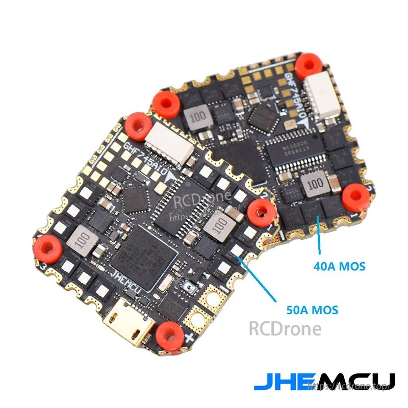 Comparison of JHEMCU GHF745 AIO boards highlighting 50A MOS version versus 40A MOS version