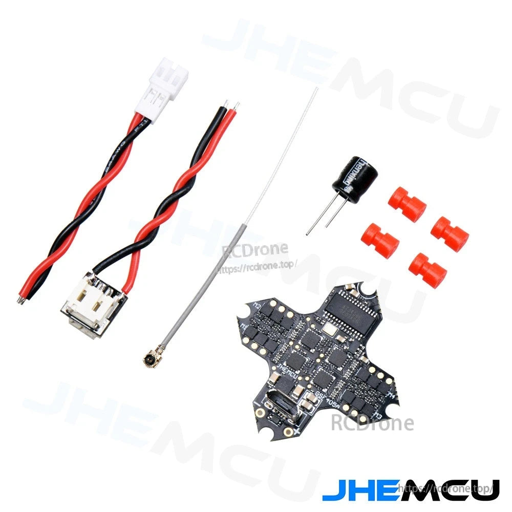 Package contents: AIO flight controller, wiring harnesses, antenna, capacitor, and silicone grommets