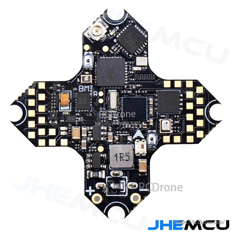 JHEMCU GSF405A-BMI AIO flight controller top side with integrated 2.4GHz ELRS receiver and motor pad arrays