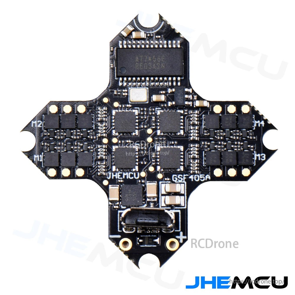 Back side of the board with USB Type‑C connection area and motor output sections labeled M1–M4