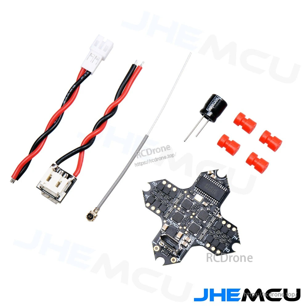 What’s included: flight controller board, USB Type‑C adapter module with lead, wire harness, ELRS antenna, capacitor, and silicone grommets