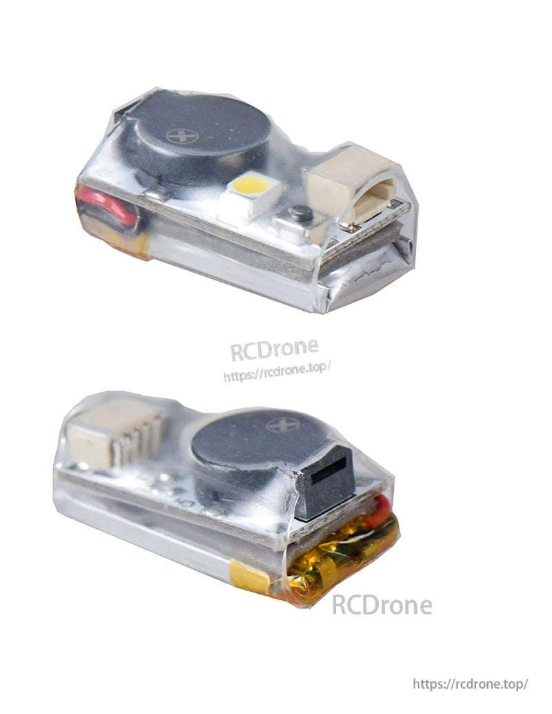 Close-up of the JHE20B Finder buzzer module showing the LED, speaker, and connector end