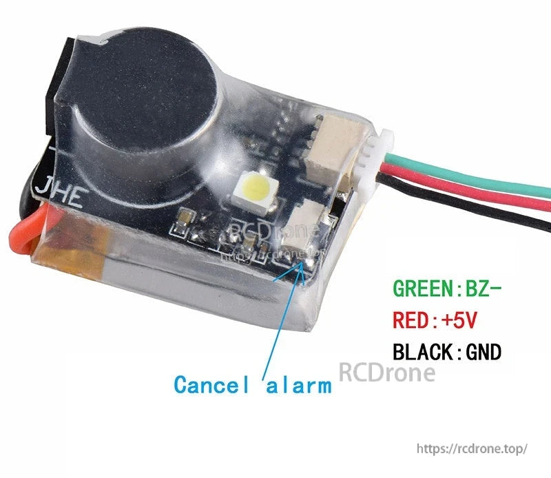 JHEMCU JHE42B Finder BB buzzer wiring guide showing BZ-, +5V and GND lead colors and cancel alarm pads