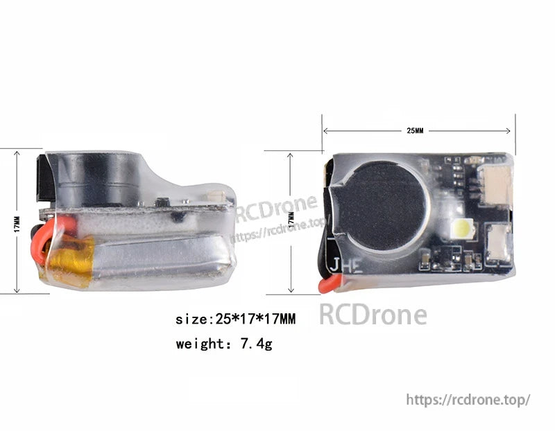 JHEMCU JHE42B Finder BB dimensions: 25×17×17 mm compact buzzer with LED board layout