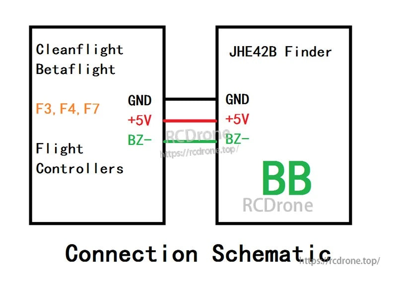 Connection schematic for Betaflight/Cleanflight F3 F4 F7 controllers to JHE42B Finder: GND, +5V, BZ-