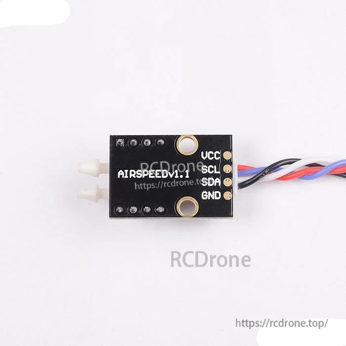 AIRSPEEDV1.1 board rear view with I2C pin labels VCC, SCL, SDA, GND and dual pressure ports
