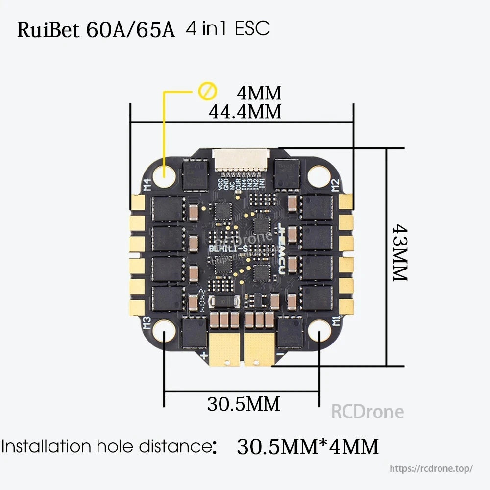 JHEMCU RuiBet 60A/65A 4-in-1 ESC dimensions with 30.5mm mounting pattern and 44.4×43mm board size