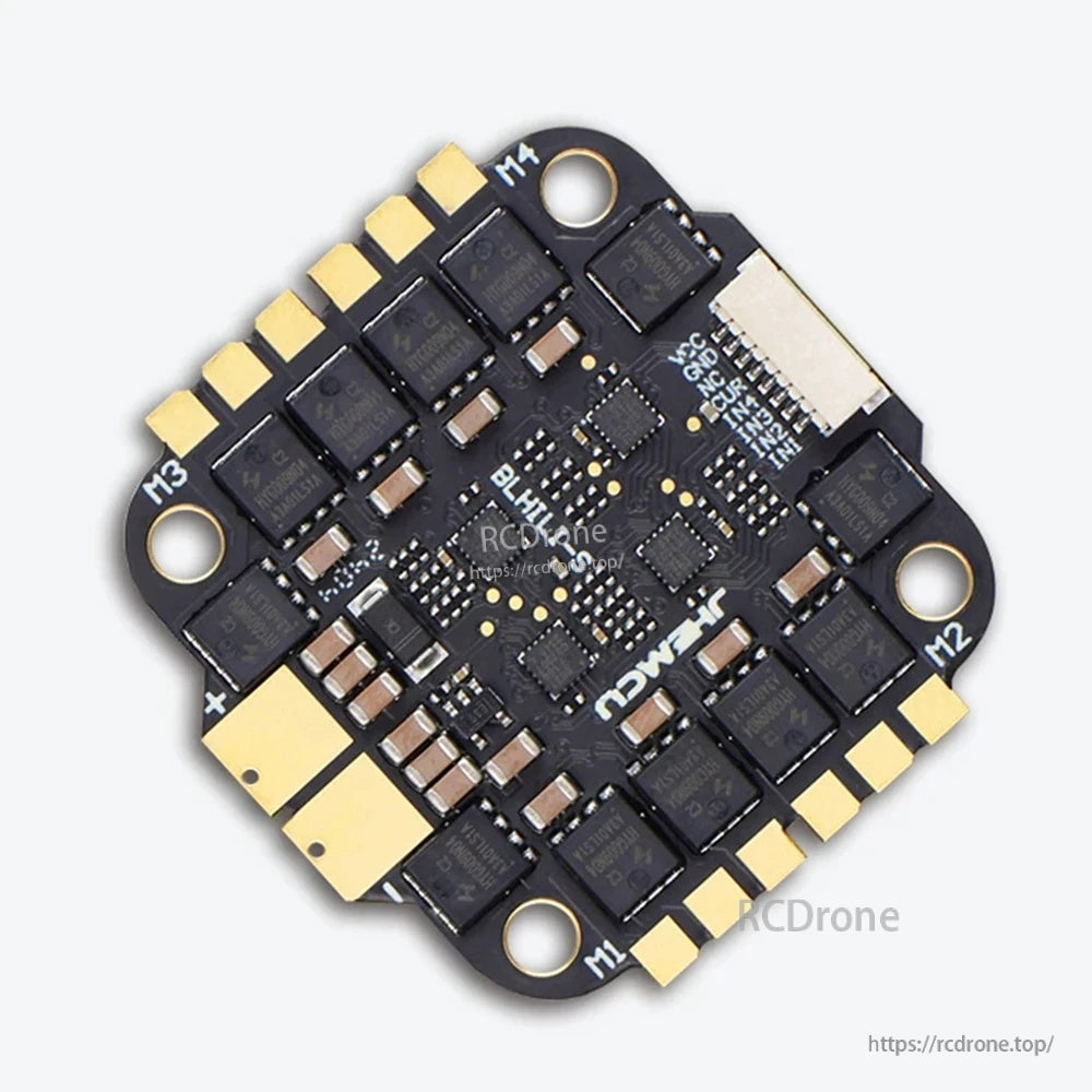 Top view of JHEMCU RuiBet 4-in-1 ESC showing M1–M4 motor pad layout and signal connector position