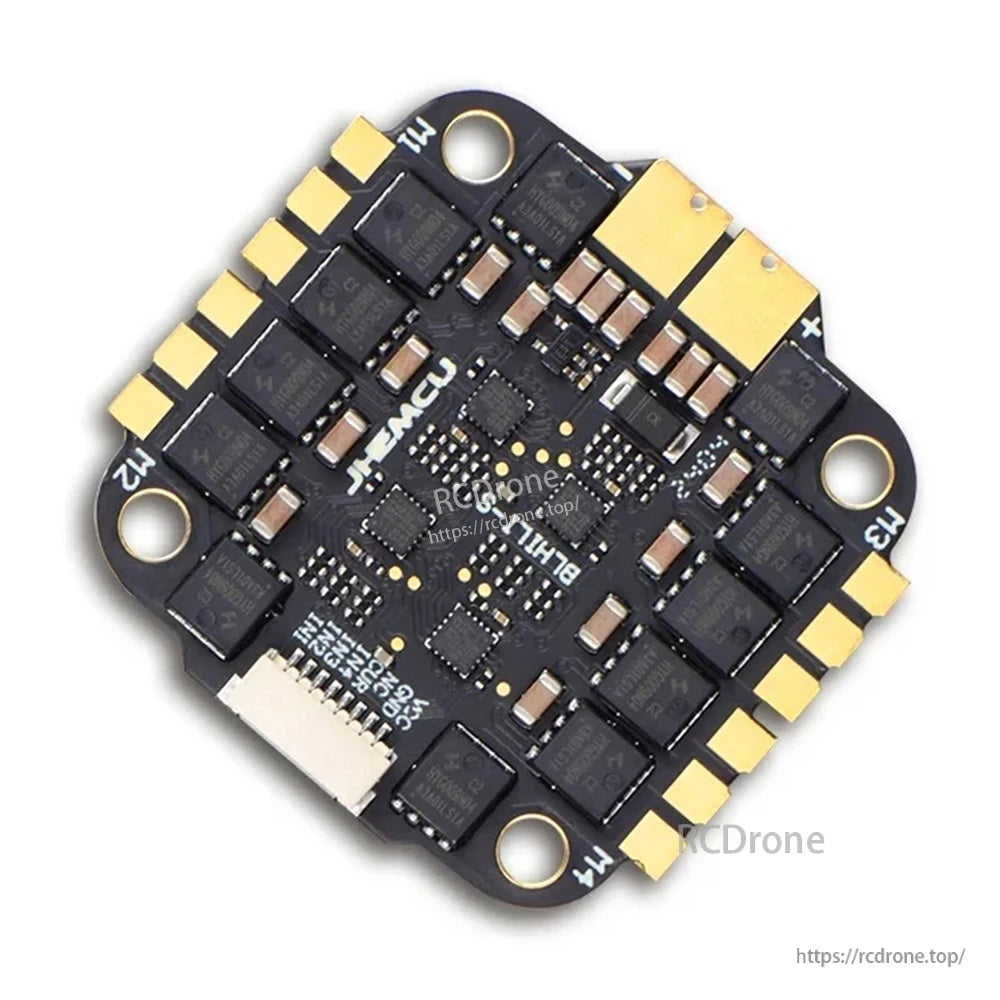 Angled view of JHEMCU 4-in-1 ESC highlighting the 8-pin header connector and corner mounting holes