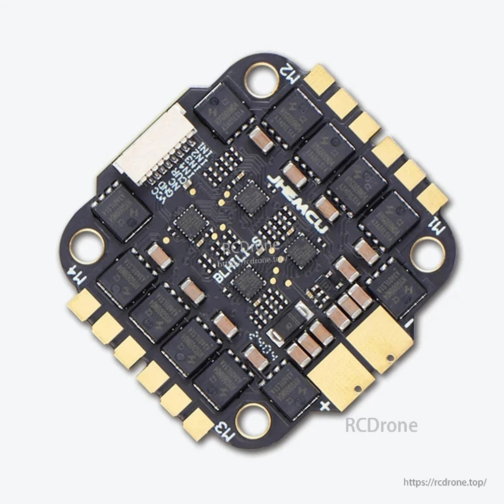 Top view of BLHeli_S 4-in-1 ESC with current sensor circuitry and main battery solder pads