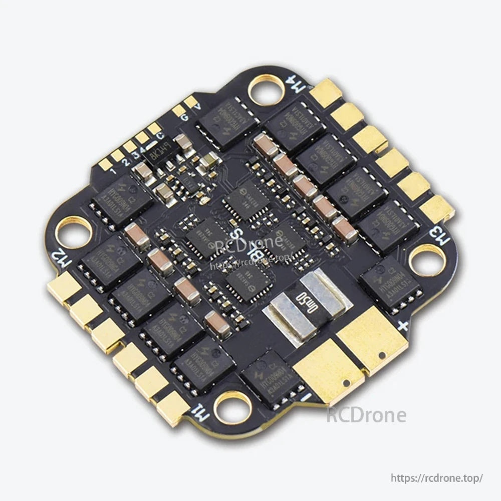 Angled top view of RuiBet 60A/65A 3–6S BLHeli_S 4-in-1 ESC with motor pads and power pads