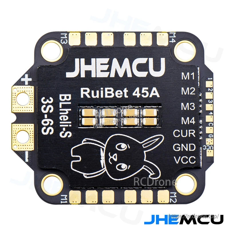 Silkscreen and pad layout on JHEMCU RuiBet 45A ESC, including 3S–6S and BLHeli_S markings