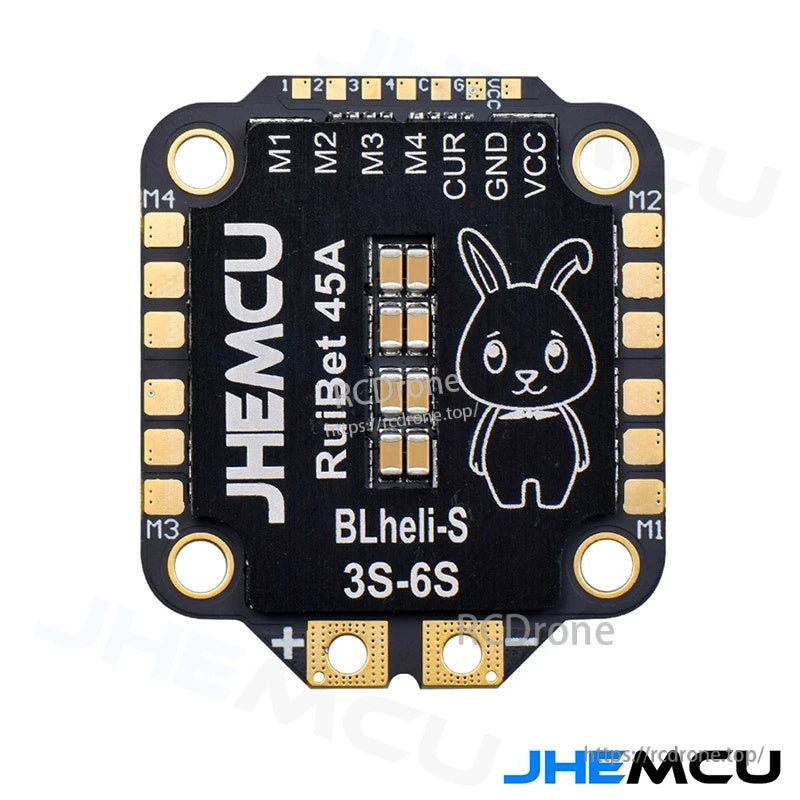 Top view of JHEMCU RuiBet 45A 3–6S BLHeli_S 4-in-1 ESC with M1–M4, CUR, GND, VCC pad labels