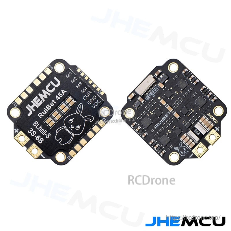 Front and back views of JHEMCU RuiBet 45A 3–6S BLHeli_S 4-in-1 ESC board for FPV quad builds