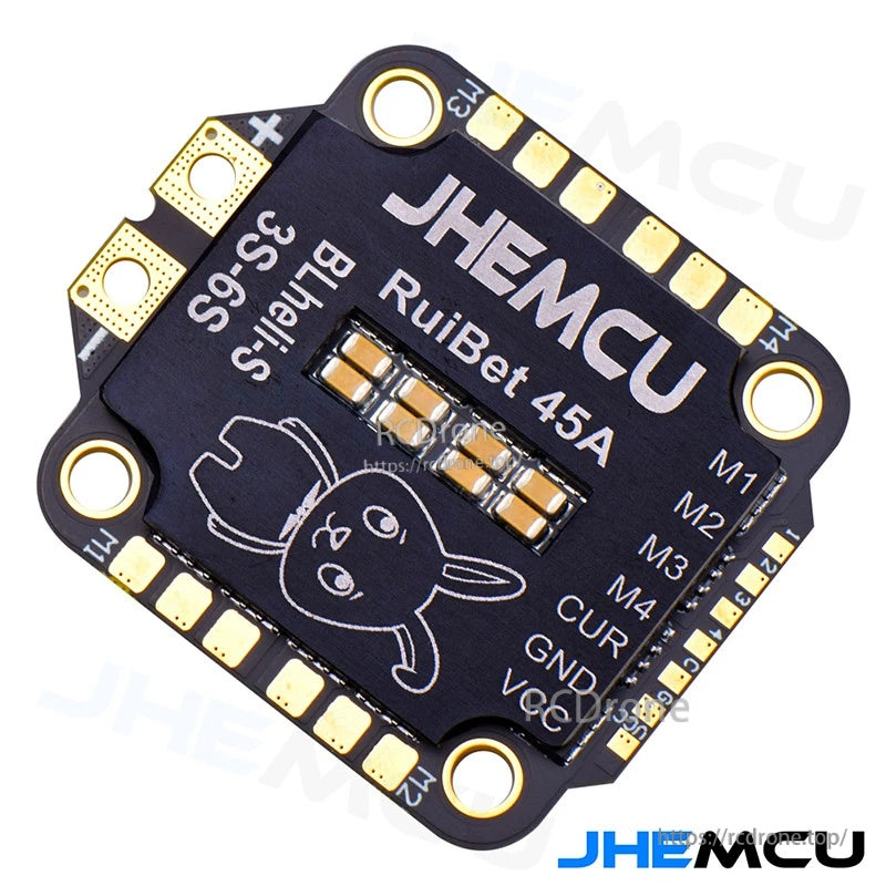 Angled view of the RuiBet 45A board highlighting corner mounting holes and motor/signal pad rows