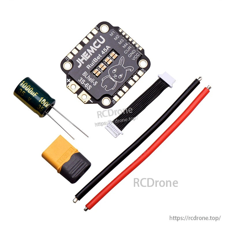 Package contents: RuiBet 45A ESC, 1000uF 35V capacitor, harness cable, XT60-style connector, and power wires