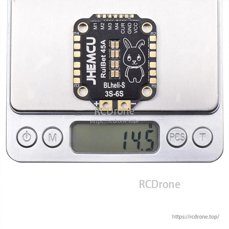 JHEMCU RuiBet 45A 4-in-1 ESC on digital scale reading 14.5 g