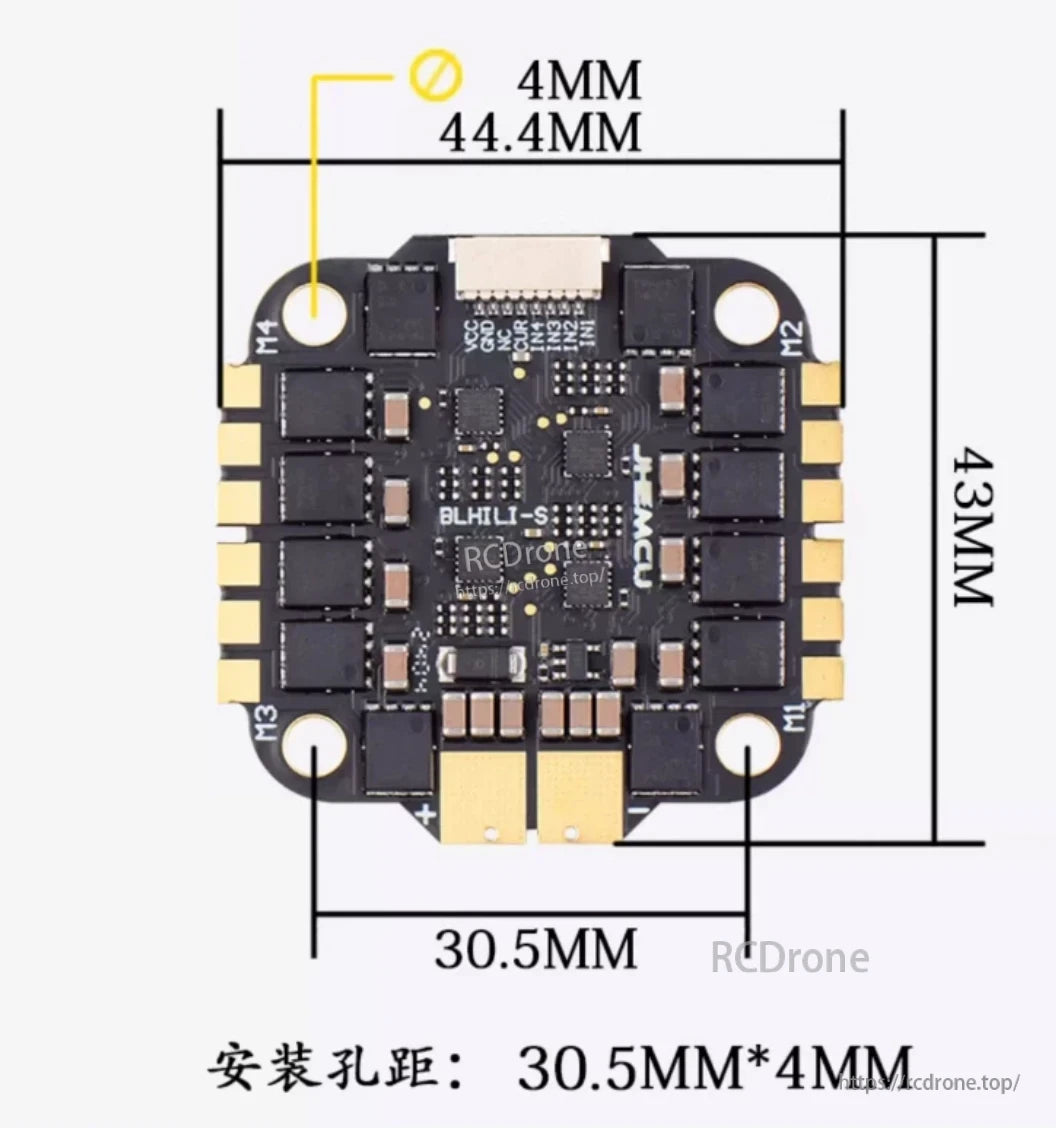 Mounting and dimensions diagram for JHEMCU RuiBet 55A 4-in-1 ESC: 30.5mm holes, 44.4×43mm