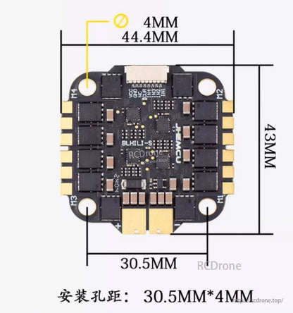 Mounting and dimensions diagram for JHEMCU RuiBet 55A 4-in-1 ESC: 30.5mm holes, 44.4×43mm
