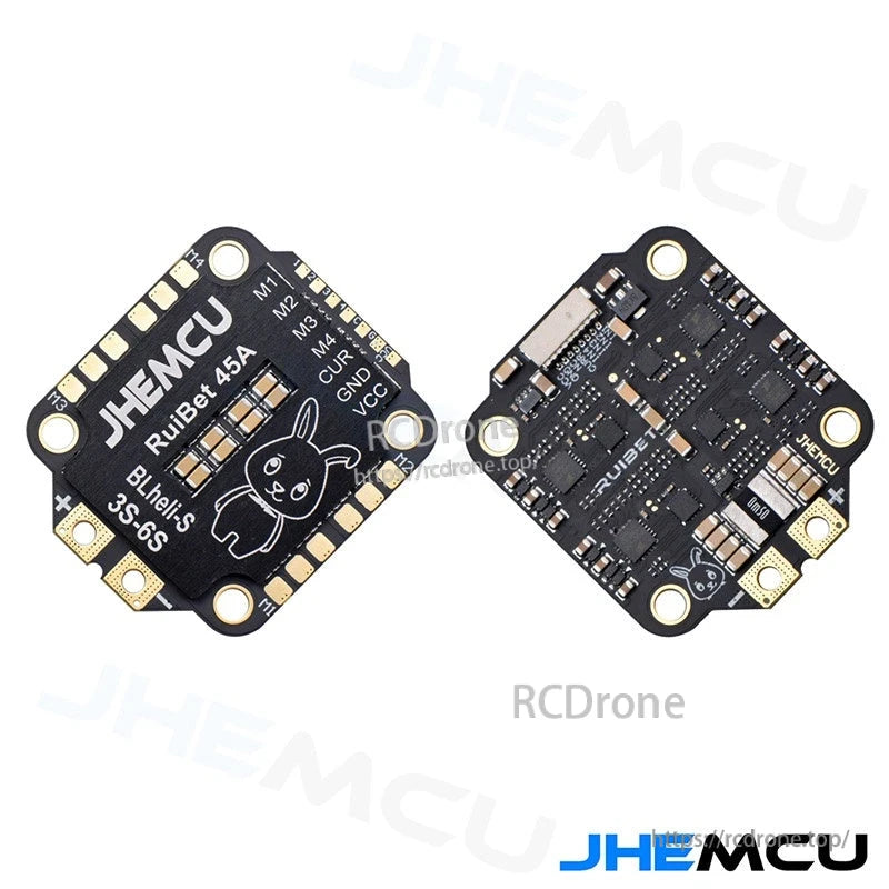 JHEMCU RuiBet ESC shown front and back; label side marked “RuiBet 45A” with motor pad labels